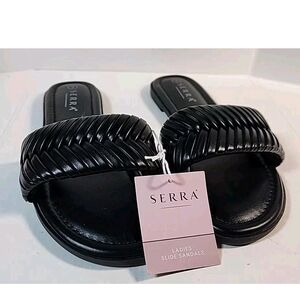 Serra Ladies Slide Sandals Size 7 Black Open Toe Flat Slip-On NEW IN BOX